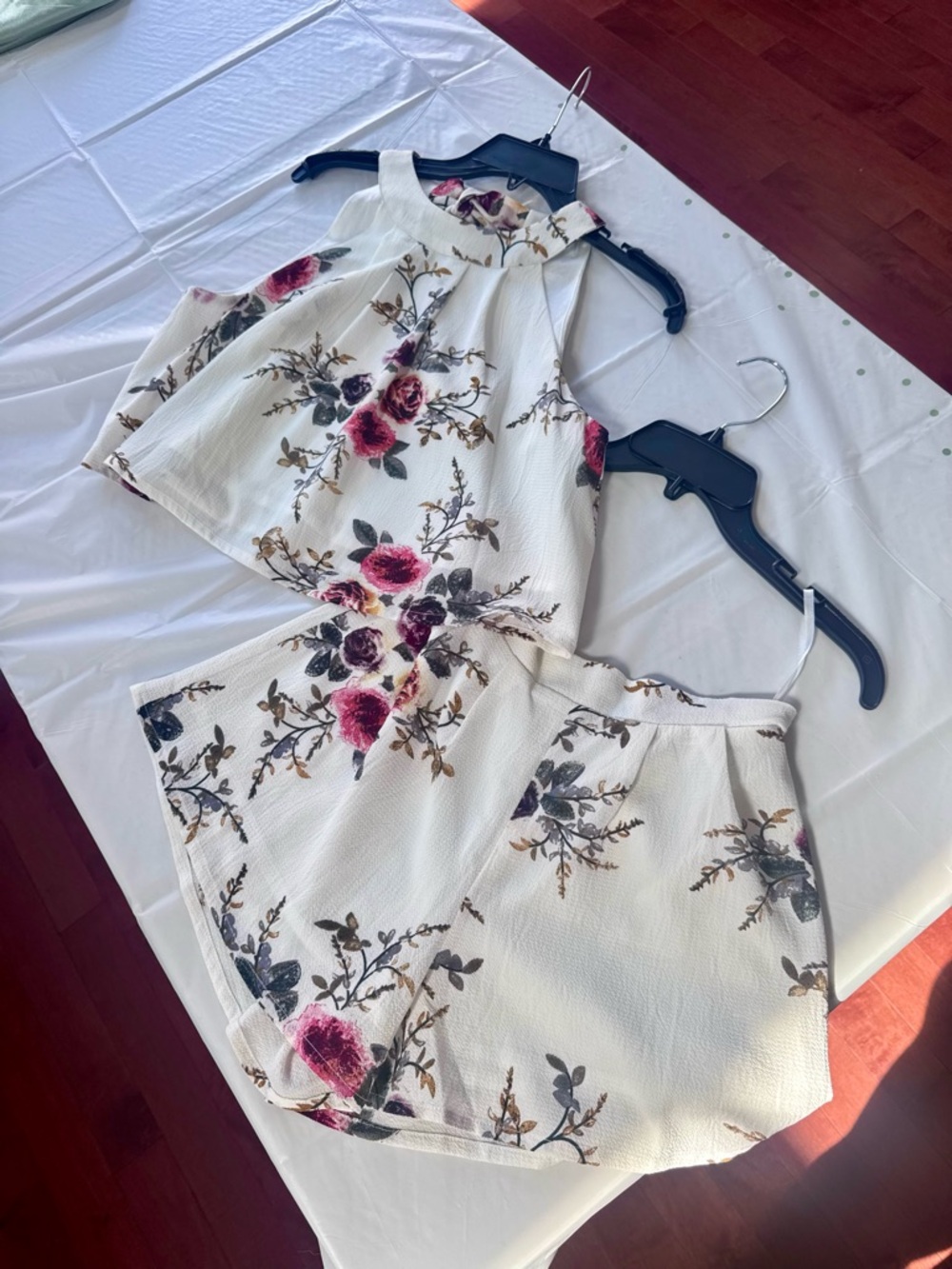 Floral Matching Halter Top & Shorts Set - White, Small